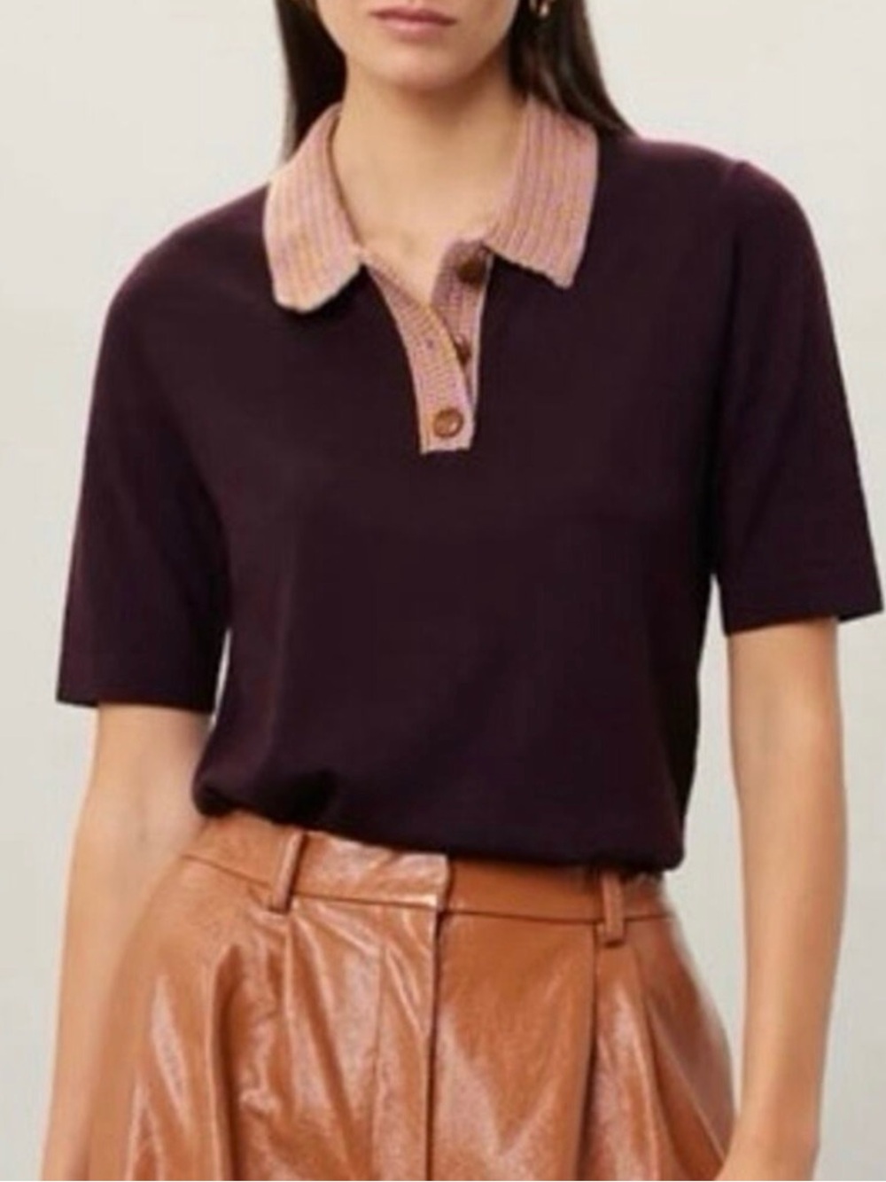 Tory Burch Plum Short-Sleeve Polo with Beige Contrast Collar
